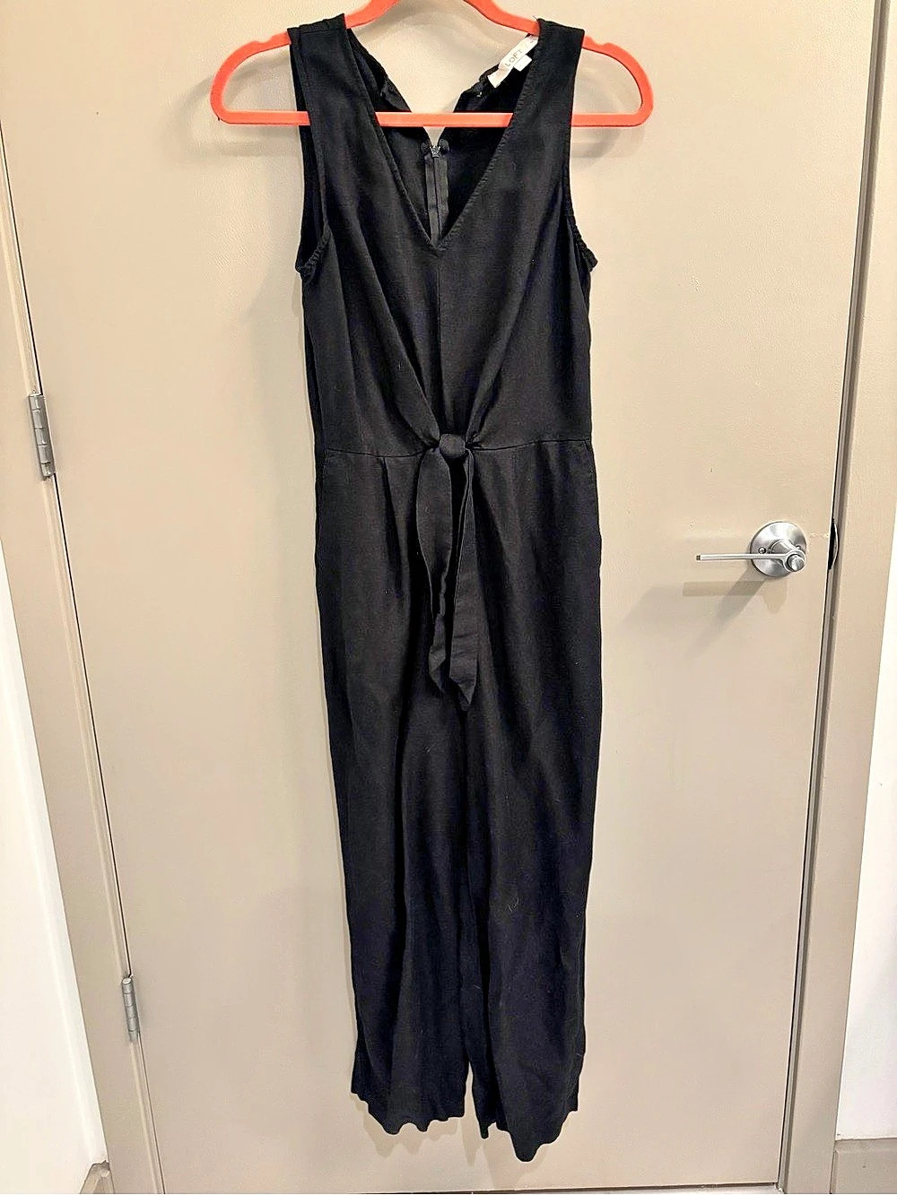 LOFT Tie Front Linen Blend Jumpsuit Black Small